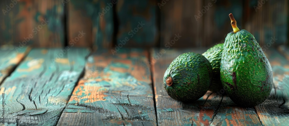 Poster avocado fruit displayed on a wooden surface with copy space image