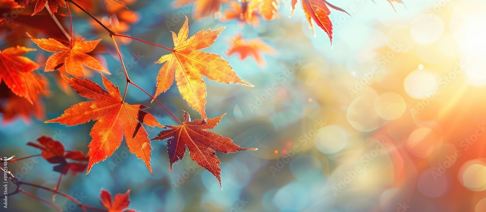Poster autumn maple leaves on a branch are illuminated by the setting sun against a blue sky creating a pic