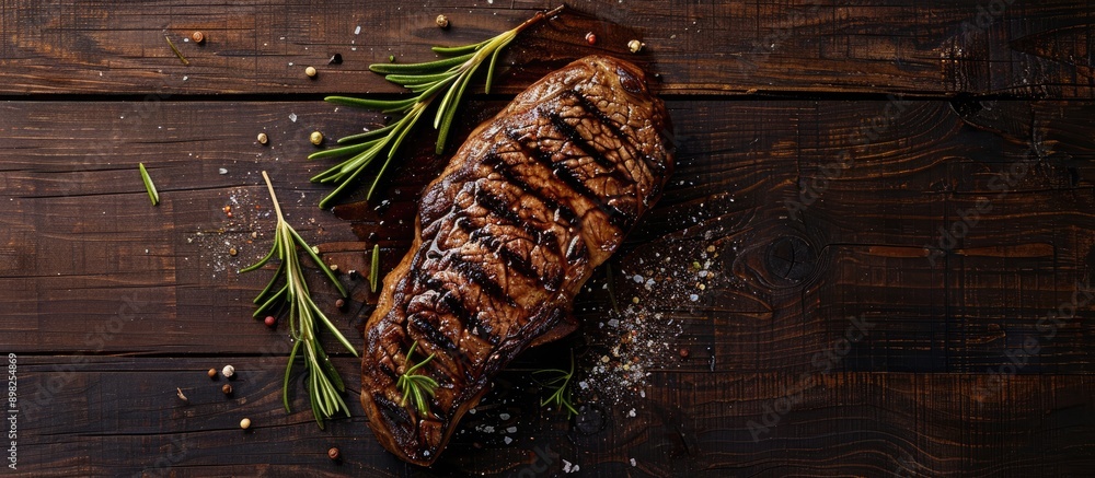 Sticker beef steak on a dark wooden table with copy space image