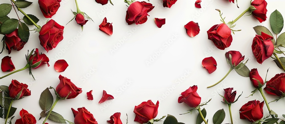 Poster A border made of fresh red roses surrounding a copy space image on a white background