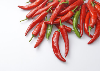 Close-up and top angle view of red and green peppers on white floor, South Korea
