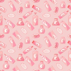 Jars, tubes, care products, beige color, repeating seamless pattern, color pattern