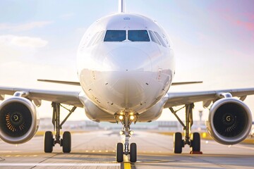 A white airplane taxis on the runway at sunset