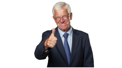 Senior businessman, CEO, thumbs up isolated on white background.