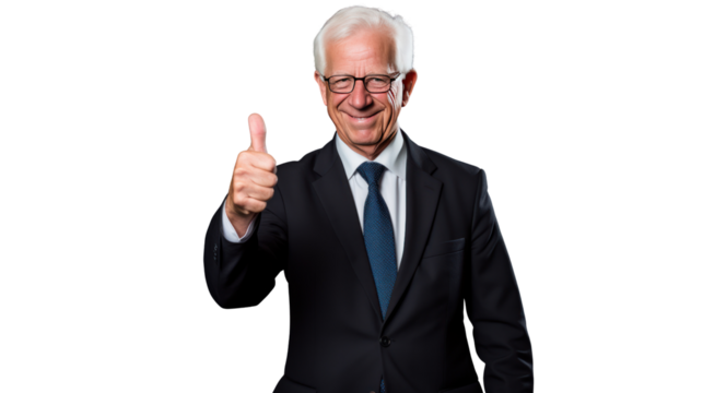 Senior businessman, CEO, thumbs up isolated on white background.