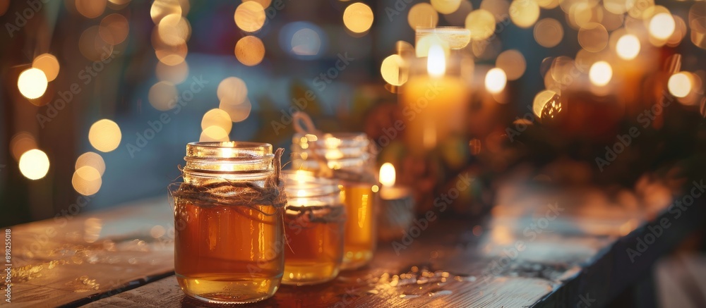 Poster Blurry lights create a soft backdrop for glass jars filled with delicious honey on a table offering a perfect copy space image