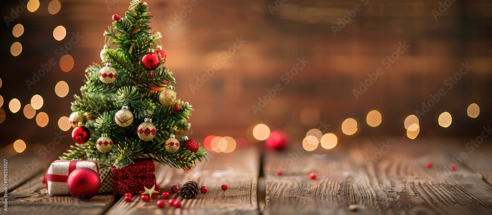 Poster christmas tree decoration on a wooden table with available copy space image