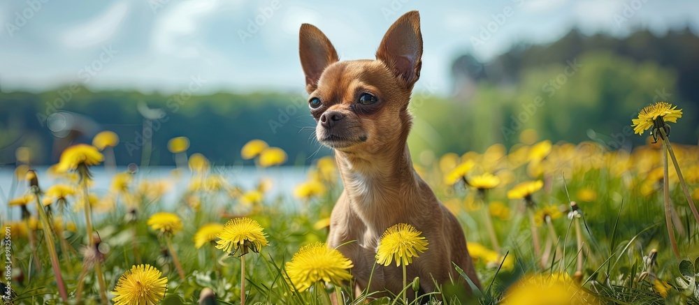 Sticker Chihuahua dog in a meadow with yellow dandelions by a lake suitable for a copy space image