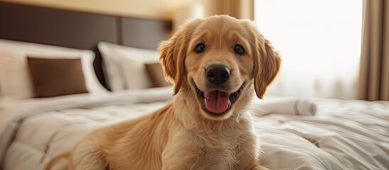 A cute puppy is in a bedroom with a copy space image This is a pet friendly hotel