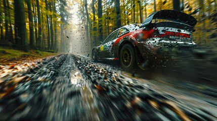 A rally car speeds through a dirt road lined with trees in an autumnal forest. The car is covered in mud and the ground is wet, with leaves scattered around