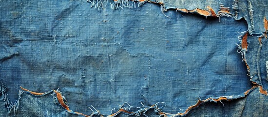 Close up shot of a torn blue denim frame with a detailed texture perfect for a copy space image