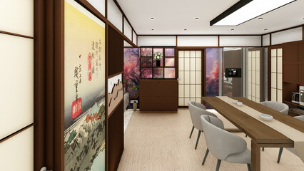 Interior space Design of a Japandi style dining room with shoji screens