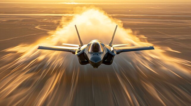 A single F-35 fighter jet flies at high speed over a desert landscape, leaving a trail of vapor in its wake. The setting sun creates a warm, golden glow