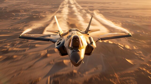 A sleek, silver F-35 Lightning II fighter jet flies through the air, leaving a trail of smoke behind it as it soars over a vast desert landscape at sunset