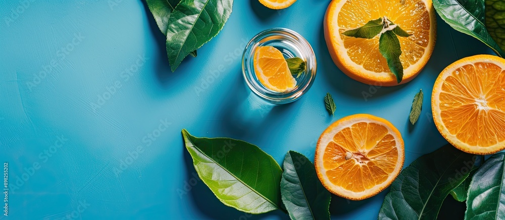 Poster cream jar with sliced orange and green leaves on blue backdrop with copy space image