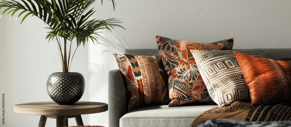 Poster A dark apartment interior featuring patterned cushions resting on a sofa beside a wooden table with a plant against a white background Displayed in a real photo with copy space image