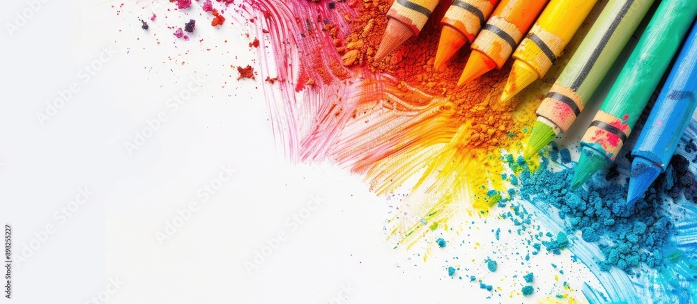 Poster arrangement of crayons and watercolor pastels on a white background with copy space image