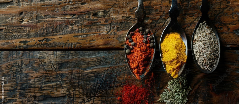 Poster Colorful spices in an iron spoon set on an aged wooden table with a blank space for text alongside a copy space image