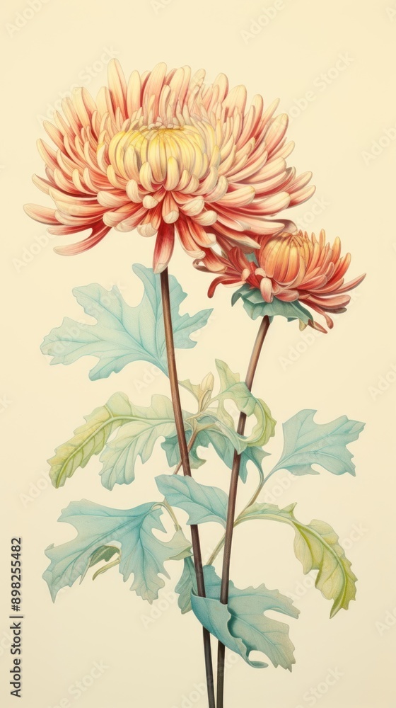 Wall mural vintage drawing chrysanthemum flower dahlia sketch.