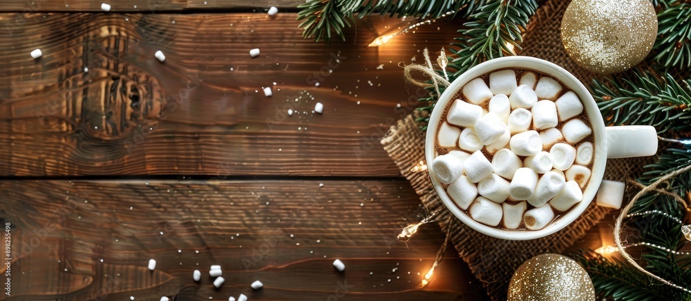 Aufkleber close up top view of hot chocolate with marshmallows on a holiday themed wooden backdrop adorned wit