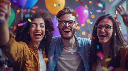 Group of friends celebrating at a party with colorful balloons and confetti, expressing joy and happiness.