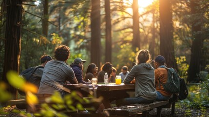 Naklejka premium Group of friends enjoying a picnic in a serene forest setting with sunlight filtering through the trees.