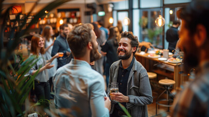 Obraz premium Group of friends enjoying drinks and conversation at a trendy bar, creating a lively and social atmosphere with warm lighting.