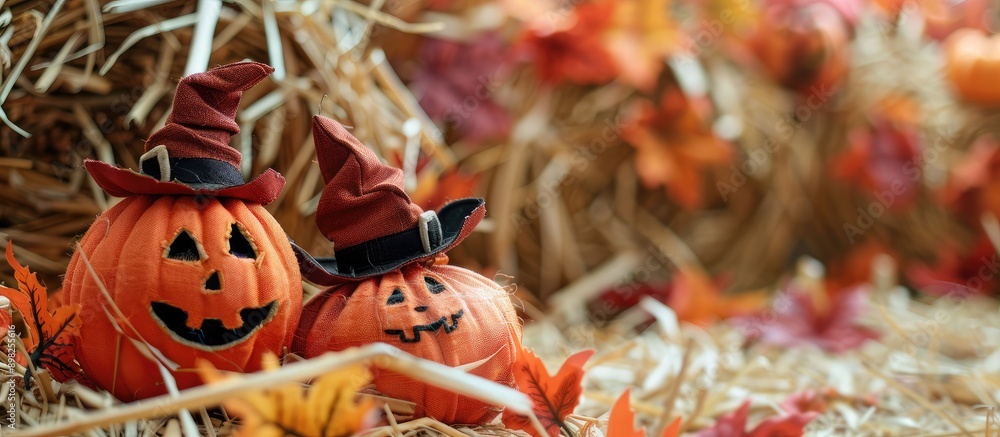 Aufkleber autumn themed decoration featuring pumpkins and fabric toy placed on straw background ideal for fall