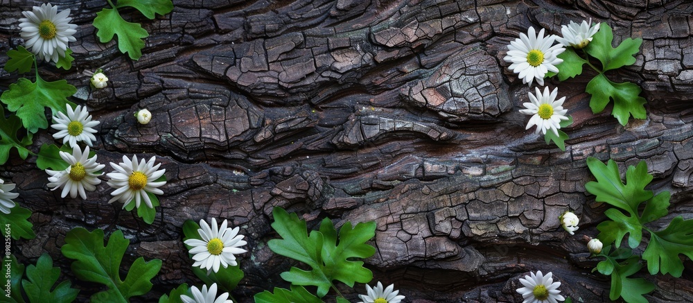 Poster chrysanthemum flowers on tree bark with copy space image on green backdrop