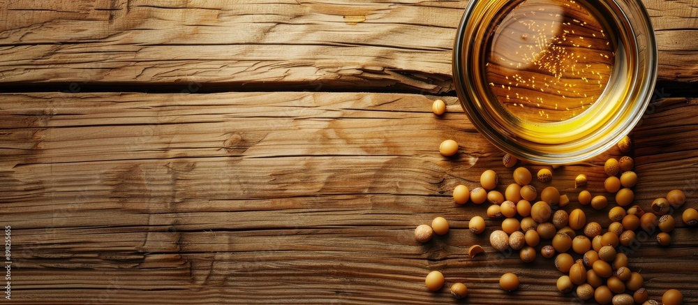 Aufkleber A composition showcasing soybean oil placed on a wooden table creating an inviting scene with copy space image