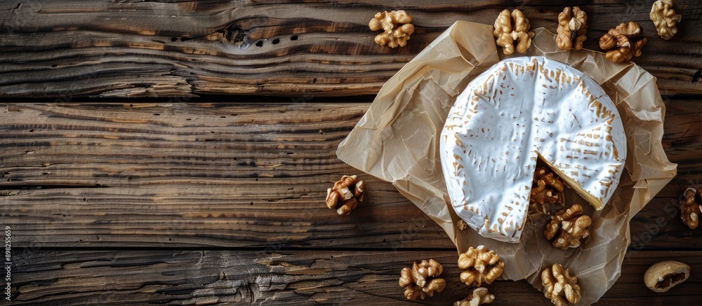 Aufkleber Top down view of Camembert or Brie cheese wrapped in paper with walnuts on a wooden surface for background allowing for copy space image