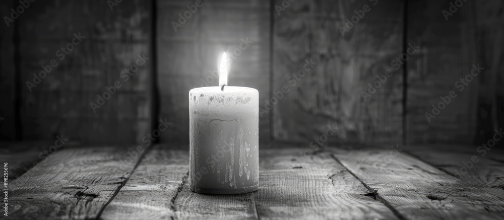 Poster Black and white image of a burning candle on a wooden background with ample copy space
