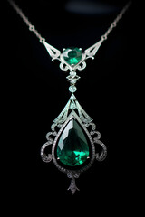 Luxurious White Gold Link Necklace with Exquisite Emeralds Illuminating Against Black Background