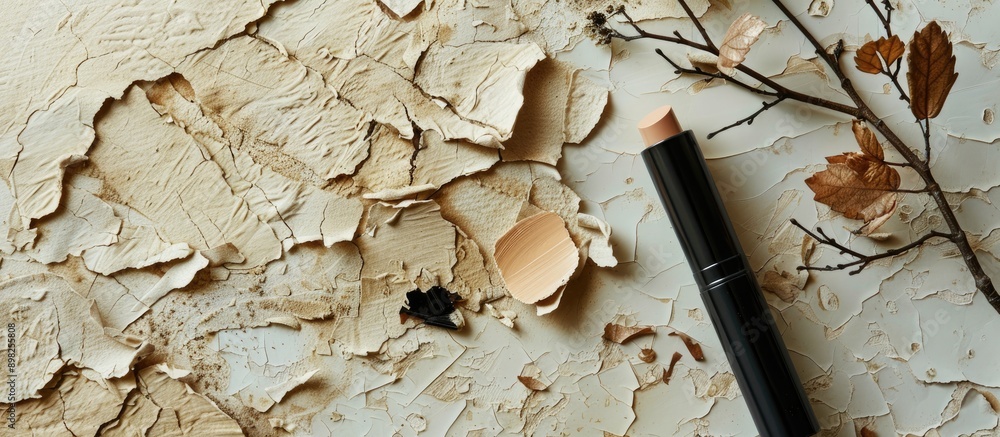 Aufkleber create a natural backdrop for cosmetics with a copy space image mixing tree bark and torn beige pape