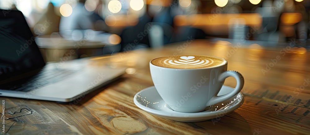Poster close up of a white cup of latte next to a laptop on a wooden table in a cafe co working space with 