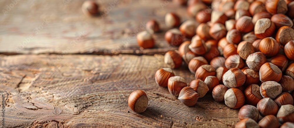 Aufkleber A close up image featuring a healthy group of organic nut kernels and hazelnuts piled on a rustic background with ample copy space