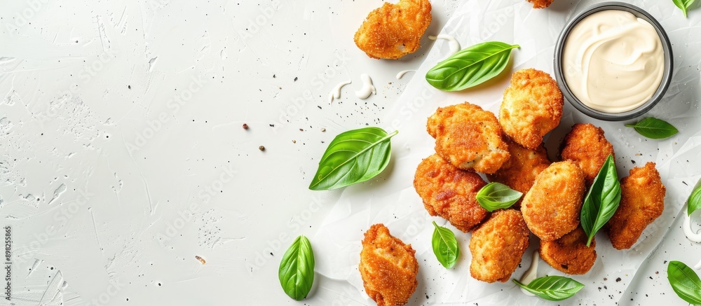 Poster chicken nuggets topped with creamy white sauce and fresh basil leaves arranged neatly against a whit