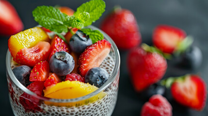 Close up of chia pudding with fresh fruit and mint