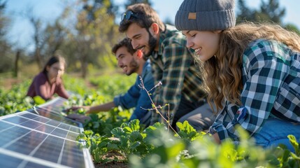 Group of young people working with solar panels in a field, focusing on sustainable agriculture and renewable energy solutions.