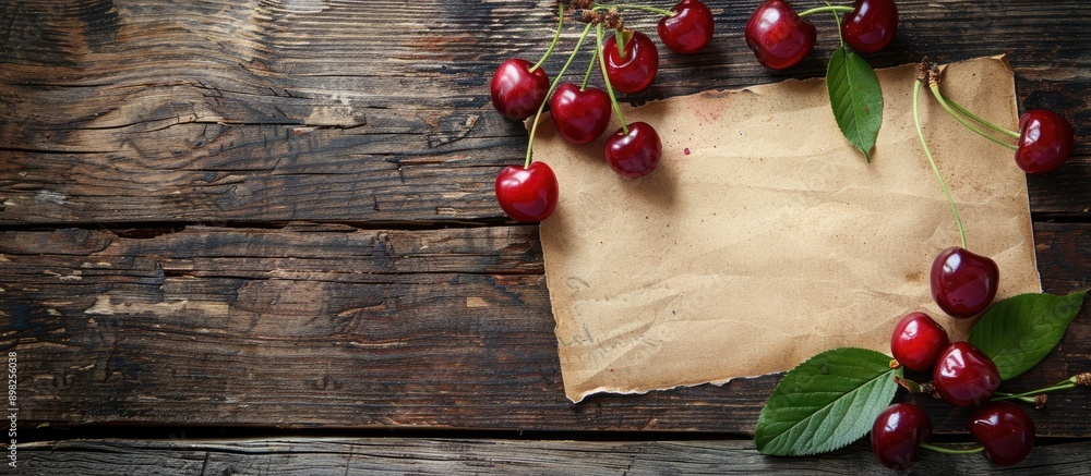 Poster Cherries on rustic wooden table with blank postcard for adding text or image Rustic background enhances the grunge look with copy space image