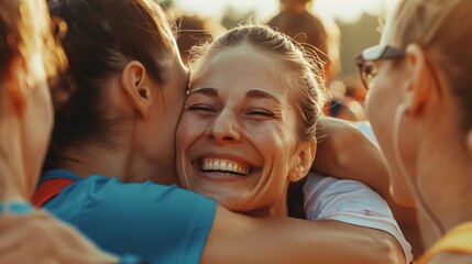 Close-Up of Runners Embracing and Celebrating After Marathon Finish Line
