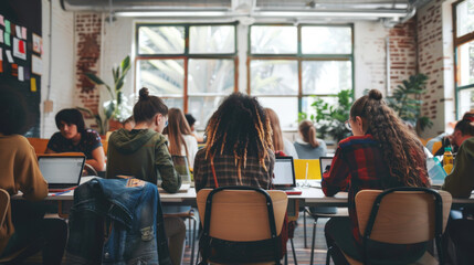 Diverse students working on laptops in a modern classroom