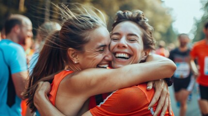 Runners Embracing in Joyful Celebration After Completing Marathon, Close-Up of Happy Faces