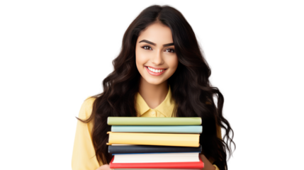Female student with book isolated on white background