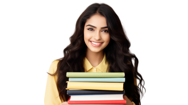 Female student with book isolated on white background