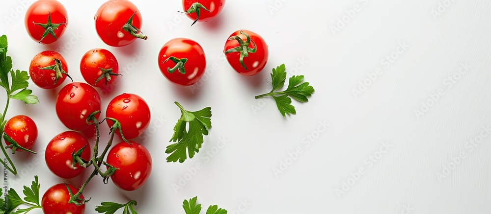 Poster image of cherry tomatoes and parsley leaf on white background with copy space image