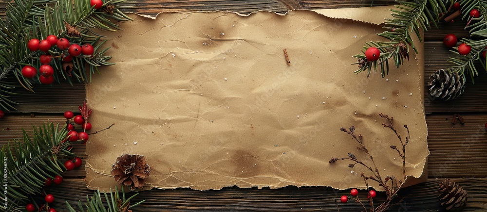 Aufkleber antique paper sheet with seasonal adornments and space for text against a rustic wooden backdrop. cr