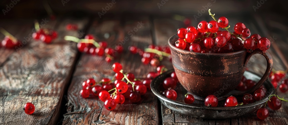 Poster A dark rustic wooden table with a cup filled with fresh red currants with a background suitable for adding text or other images Focus on the currants. Creative banner. Copyspace image