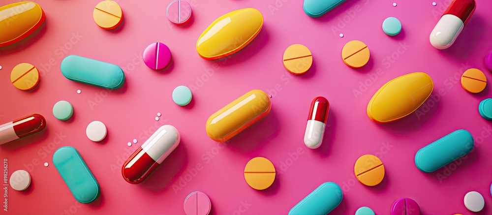 Poster Colorful pills and capsules arranged in a pattern against a bright backdrop with ample copy space image