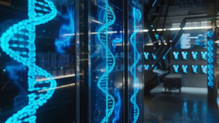 Naklejka premium High-definition DNA Helices Glow Blue in Modern Biological Laboratory, Focused on Genetic Research and Discovery